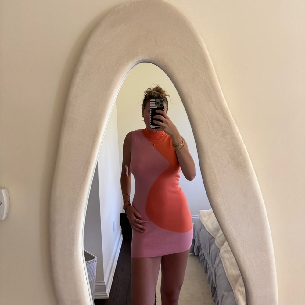 Orange and Pink Mock Neck Sleeveless Mini Dress